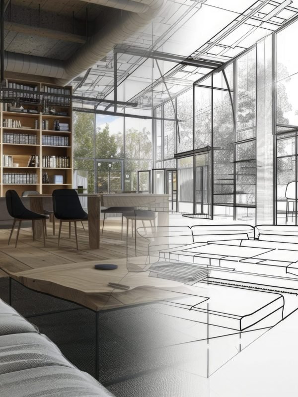 https://s.mj.run/fa5yq2gtXNw the construction or architectural design industry, The image is divided into two sections. On the left, there's a modern, stylish interior space featuring neat shelving with books, a comfortable looking seating area with cushioned benches, and large windows providing natural light. This represents a finished project or space designed by the company. On the right, there's a monochromatic view of a 3D wireframe model of an office space on a computer screen, with a hand holding a stylus or pen, suggesting the work is in progress. The wireframe includes details of office chairs, tables, and possibly decorative elements, which shows the planning and design phase in an architectural or interior design context. --ar 16:9 Job ID: 1da1849e-c810-4e66-bb3c-7aa26ddd6c27